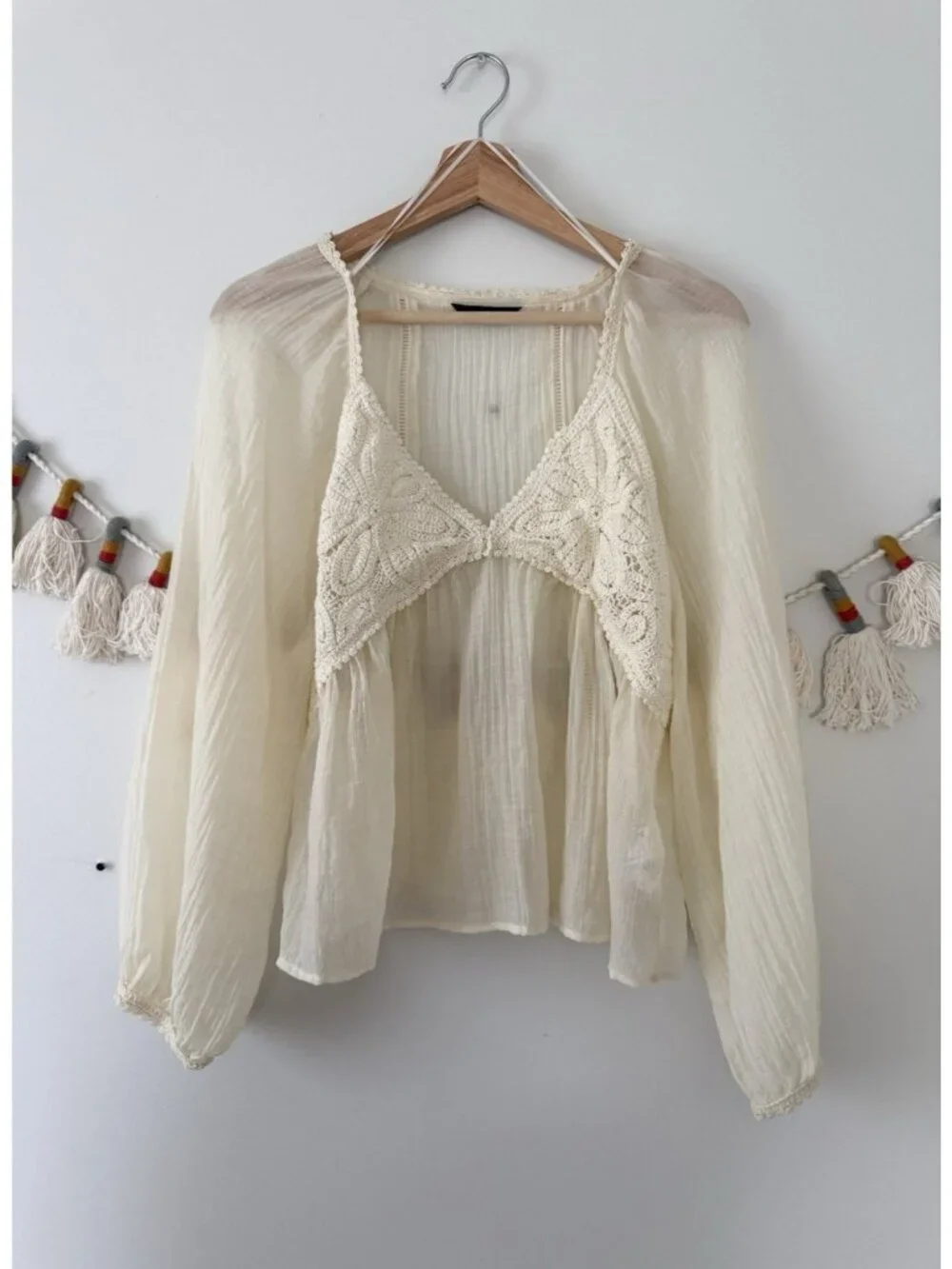 Zara Crochet Contrast Sheer Babydoll Blouson Top In Ecru Ivory Cottage Dainty S